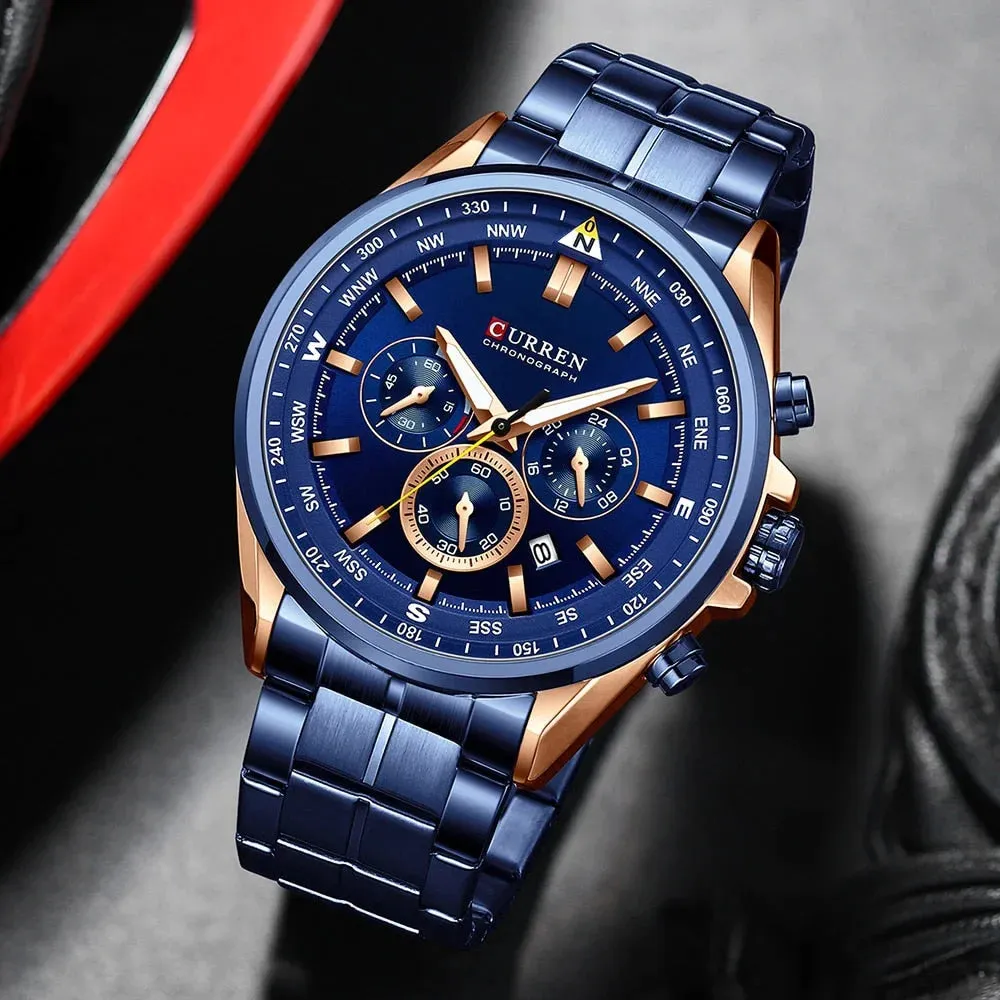 Fashion Stainless Steel Chronograph Quartz Wristwatches with Luminous Hands