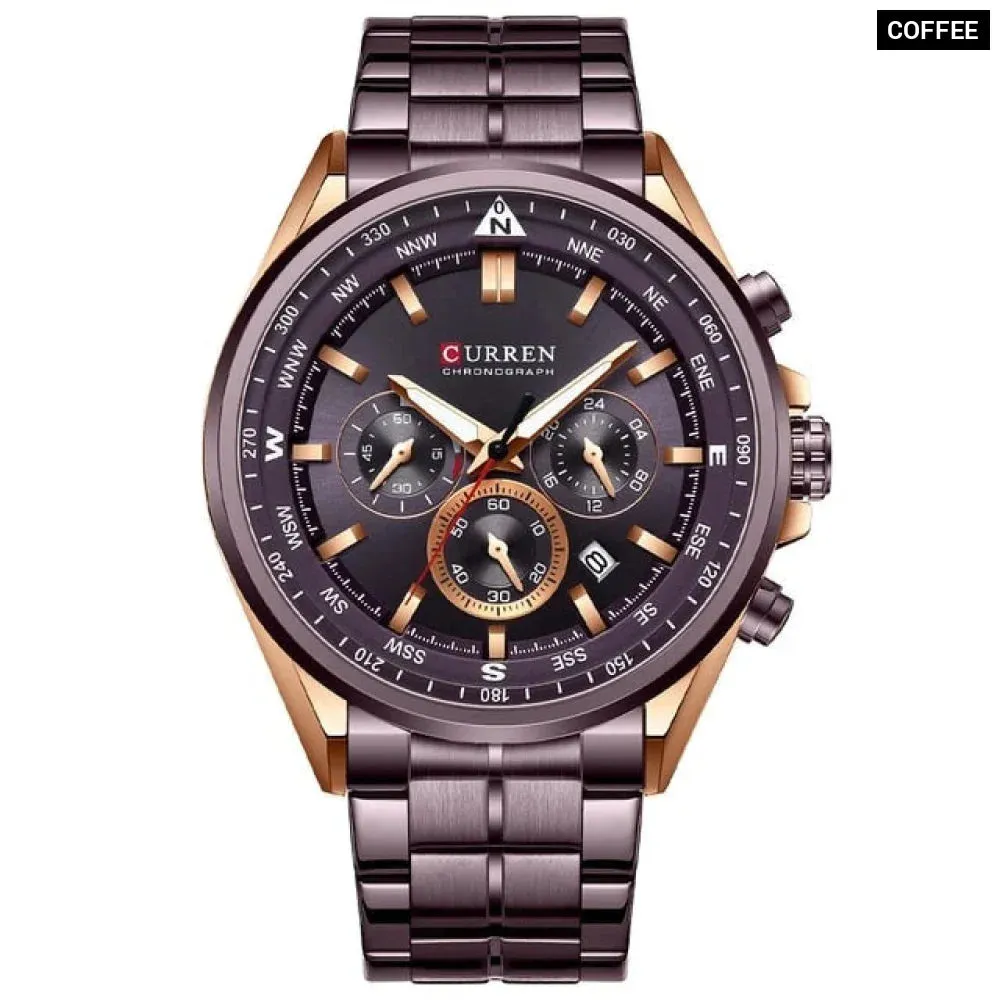 Fashion Stainless Steel Chronograph Quartz Wristwatches with Luminous Hands