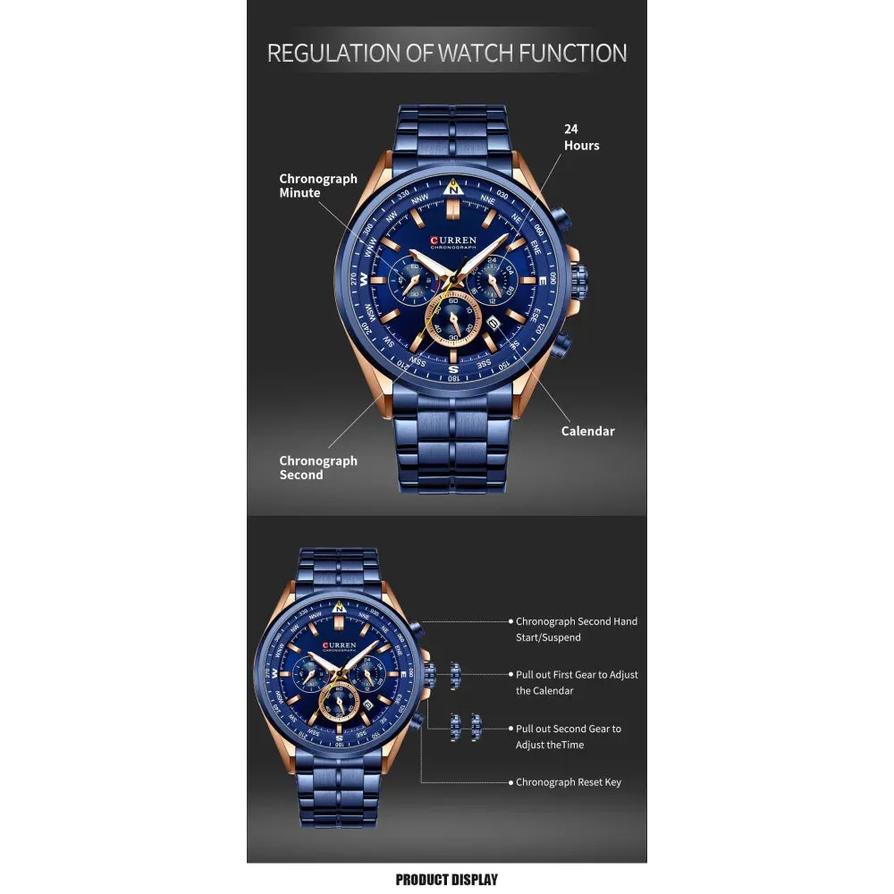 Fashion Stainless Steel Chronograph Quartz Wristwatches with Luminous Hands