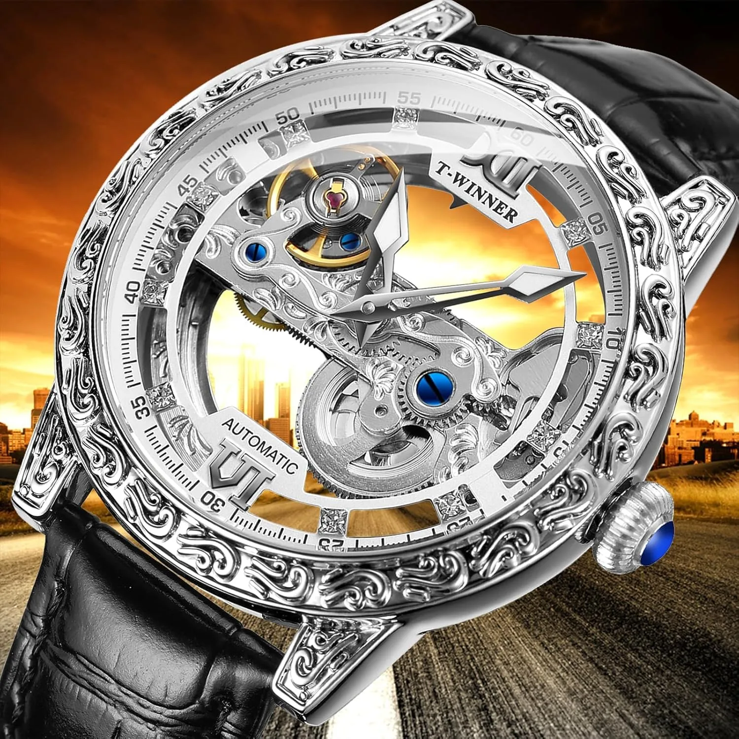FORSINING Men Vintage Mechanical Self-wind Watch, Gorgeous Carving Totem BezelLuxury Double-sided Hallow Skeleton Dail with Diamond Scale Automatic Watches, Big Dial Leather Strap Wristwatch