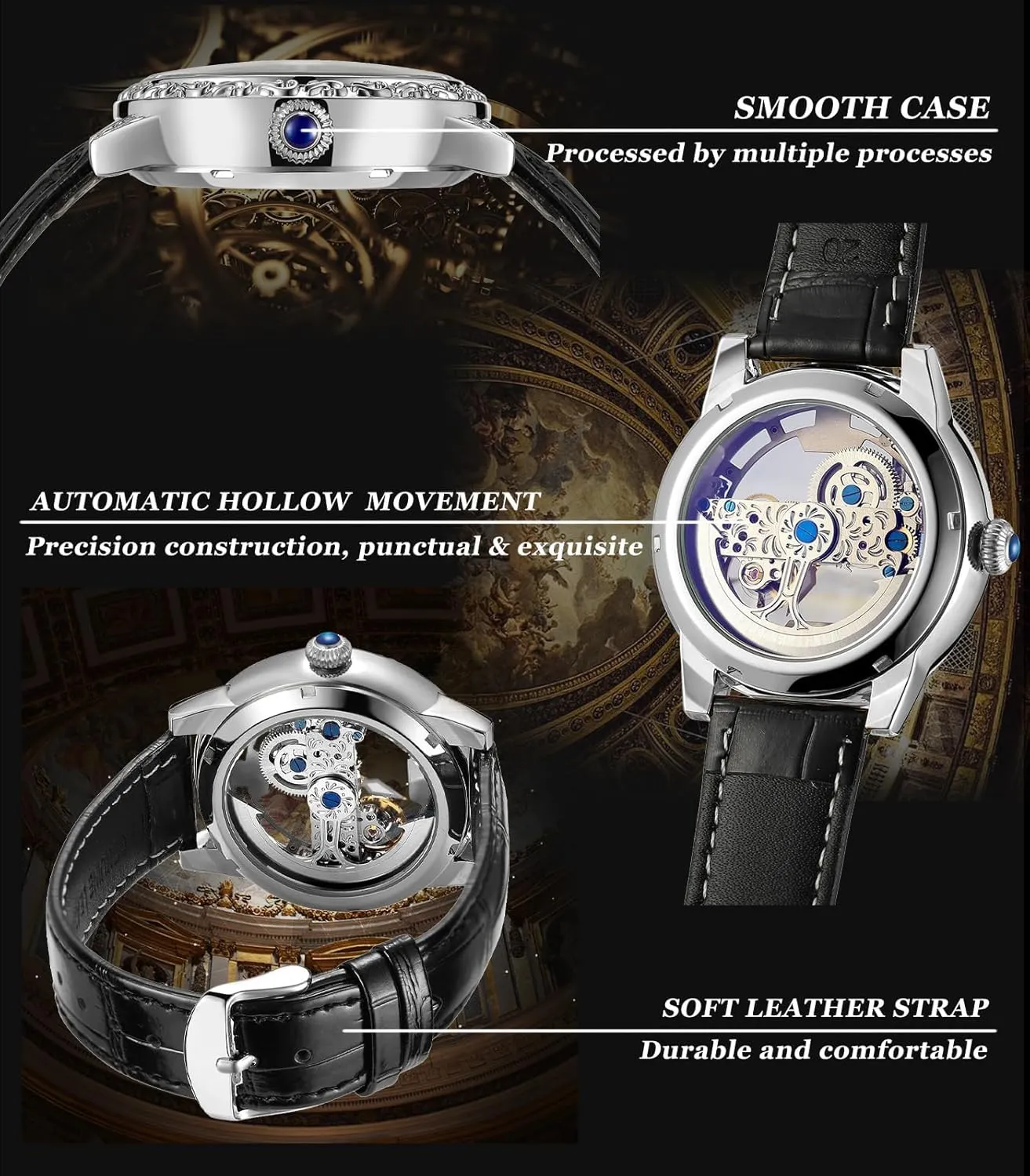 FORSINING Men Vintage Mechanical Self-wind Watch, Gorgeous Carving Totem BezelLuxury Double-sided Hallow Skeleton Dail with Diamond Scale Automatic Watches, Big Dial Leather Strap Wristwatch