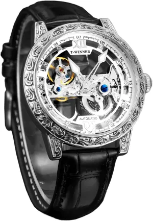 FORSINING Men Vintage Mechanical Self-wind Watch, Gorgeous Carving Totem BezelLuxury Double-sided Hallow Skeleton Dail with Diamond Scale Automatic Watches, Big Dial Leather Strap Wristwatch