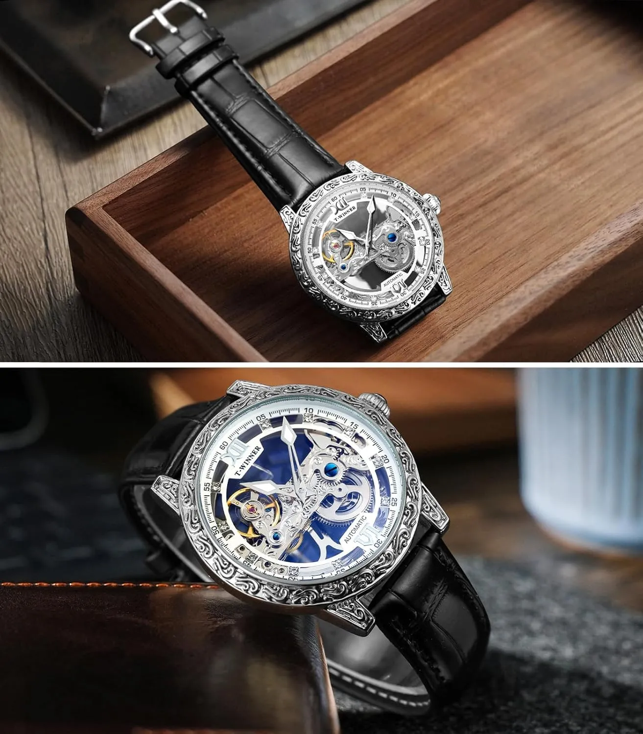 FORSINING Men Vintage Mechanical Self-wind Watch, Gorgeous Carving Totem BezelLuxury Double-sided Hallow Skeleton Dail with Diamond Scale Automatic Watches, Big Dial Leather Strap Wristwatch