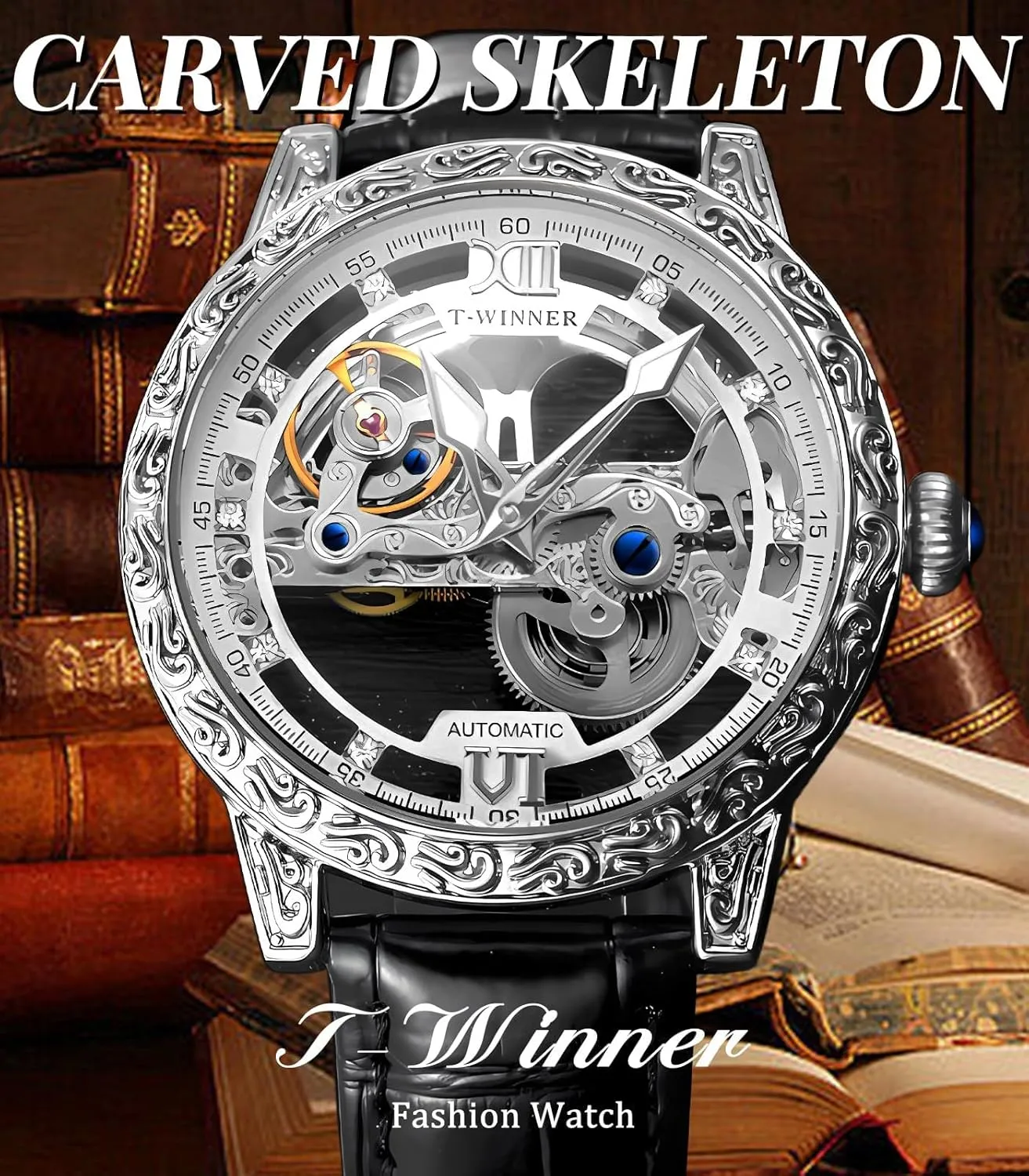 FORSINING Men Vintage Mechanical Self-wind Watch, Gorgeous Carving Totem BezelLuxury Double-sided Hallow Skeleton Dail with Diamond Scale Automatic Watches, Big Dial Leather Strap Wristwatch