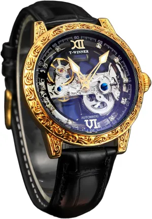 FORSINING Men Vintage Mechanical Self-wind Watch, Gorgeous Carving Totem BezelLuxury Double-sided Hallow Skeleton Dail with Diamond Scale Automatic Watches, Big Dial Leather Strap Wristwatch