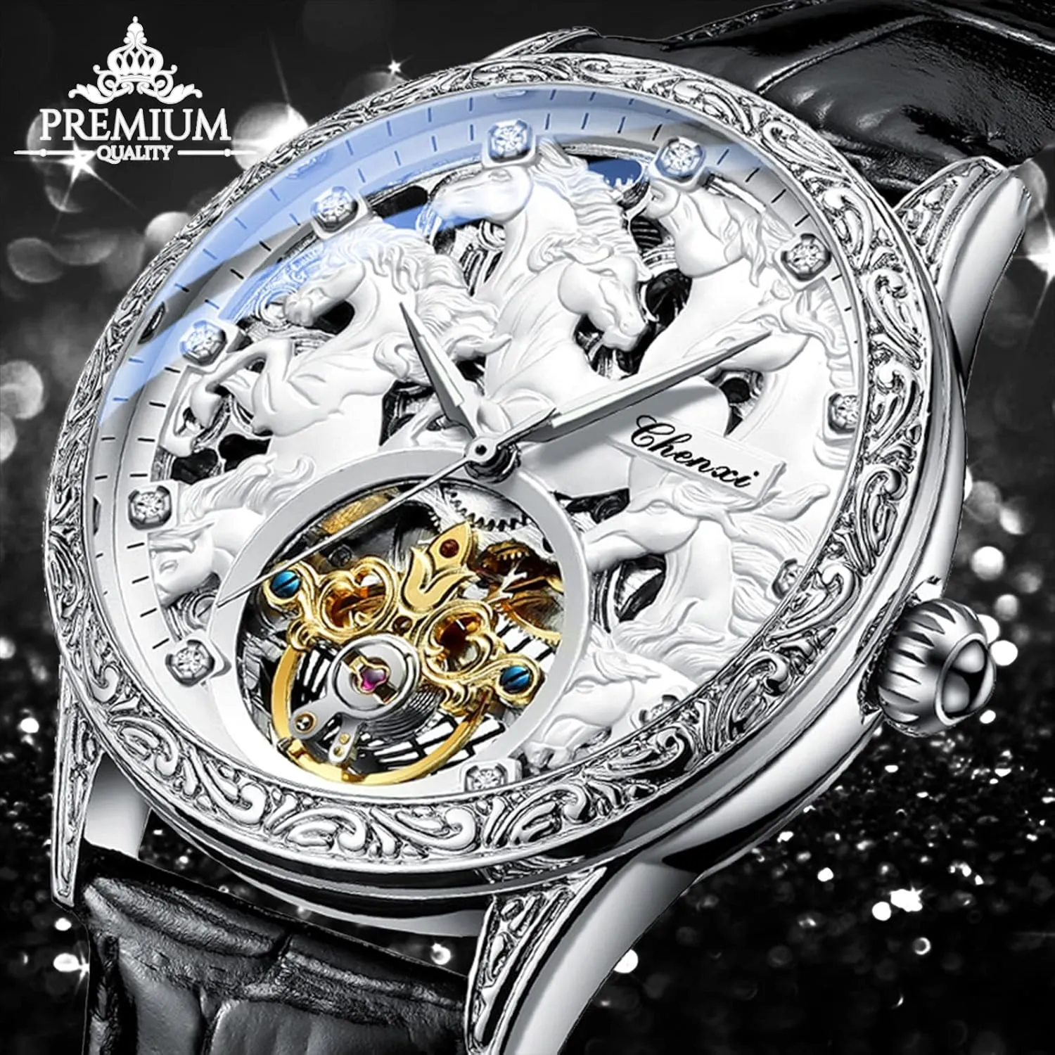 FORSINING Men's Gold Luxury Tourbillon Watch Tiger Carved Moon Phase Self-winding Mechanical Automatic Watches Retro Tattoo Skeleton Large Dial Leather Belt Wristwatch