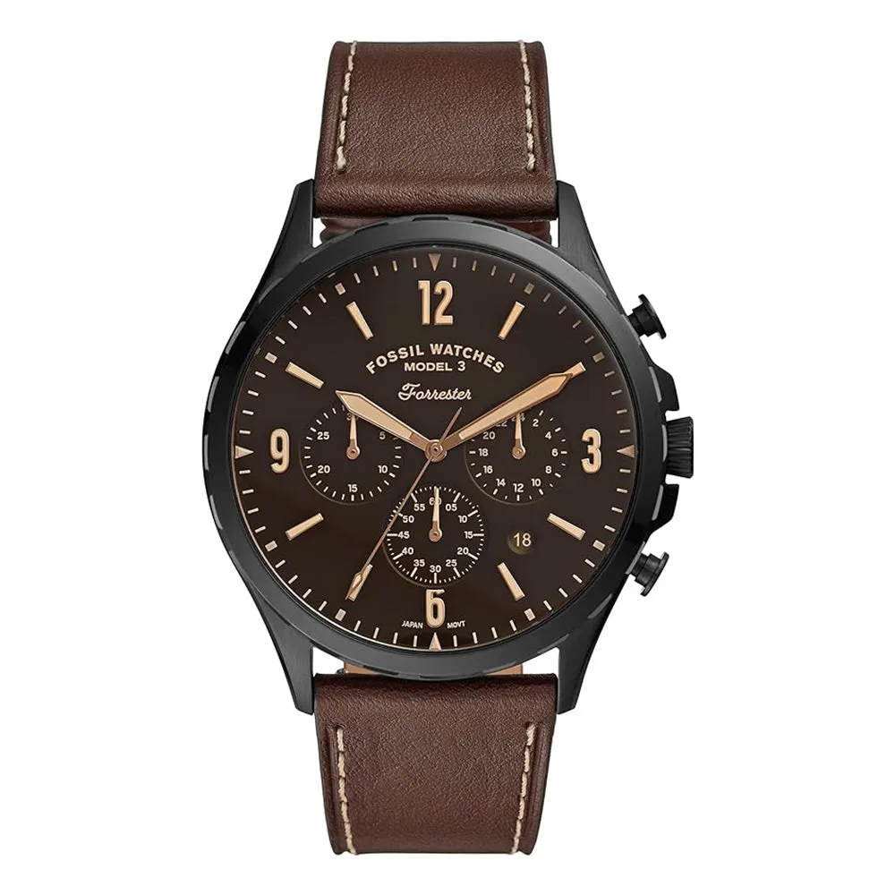 Fossil Men's Black Dial Brown Leather Band Analog Quartz Watch - FS5608