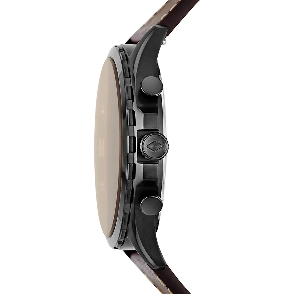 Fossil Men's Black Dial Brown Leather Band Analog Quartz Watch - FS5608