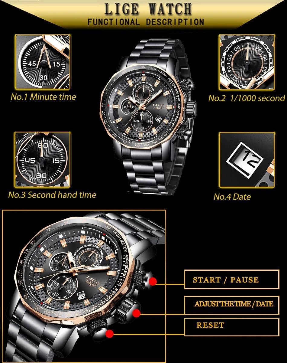 Great Gifts for Men -Famous Brand New Sport Chronograph Full Steel Quartz Waterproof Luxury Watch