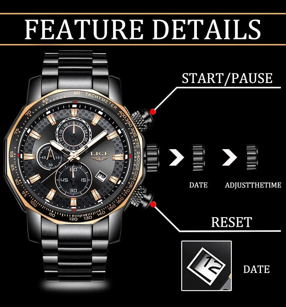 Great Gifts for Men -Famous Brand New Sport Chronograph Full Steel Quartz Waterproof Luxury Watch
