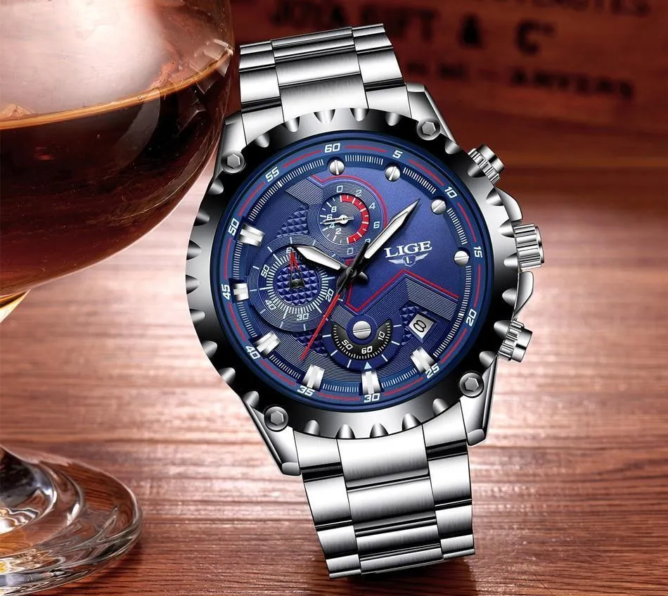 Great Gifts for Men - Top Luxury Brand Silver Stainless Steel 30m Waterproof Quartz Chronograph Watch