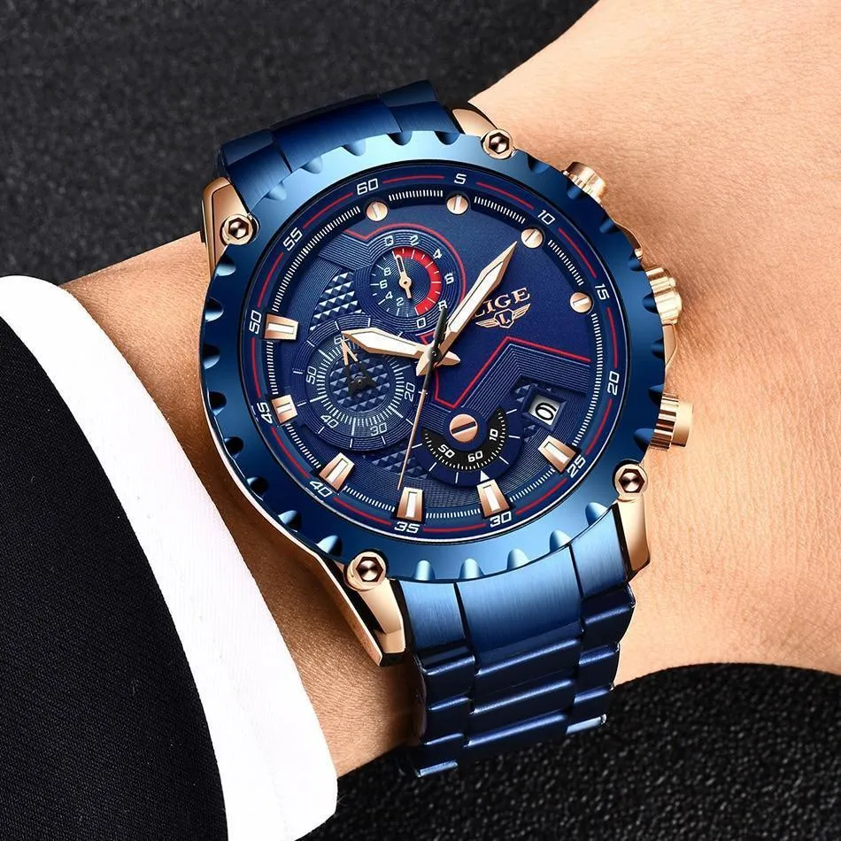 Great Gifts for Men - Top Luxury Brand Silver Stainless Steel 30m Waterproof Quartz Chronograph Watch