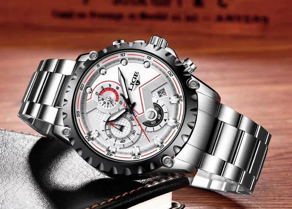 Great Gifts for Men - Top Luxury Brand Silver Stainless Steel 30m Waterproof Quartz Chronograph Watch