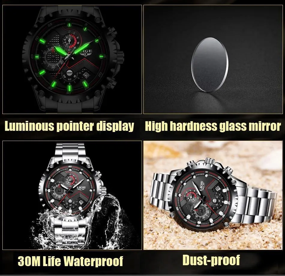 Great Gifts for Men - Top Luxury Brand Silver Stainless Steel 30m Waterproof Quartz Chronograph Watch