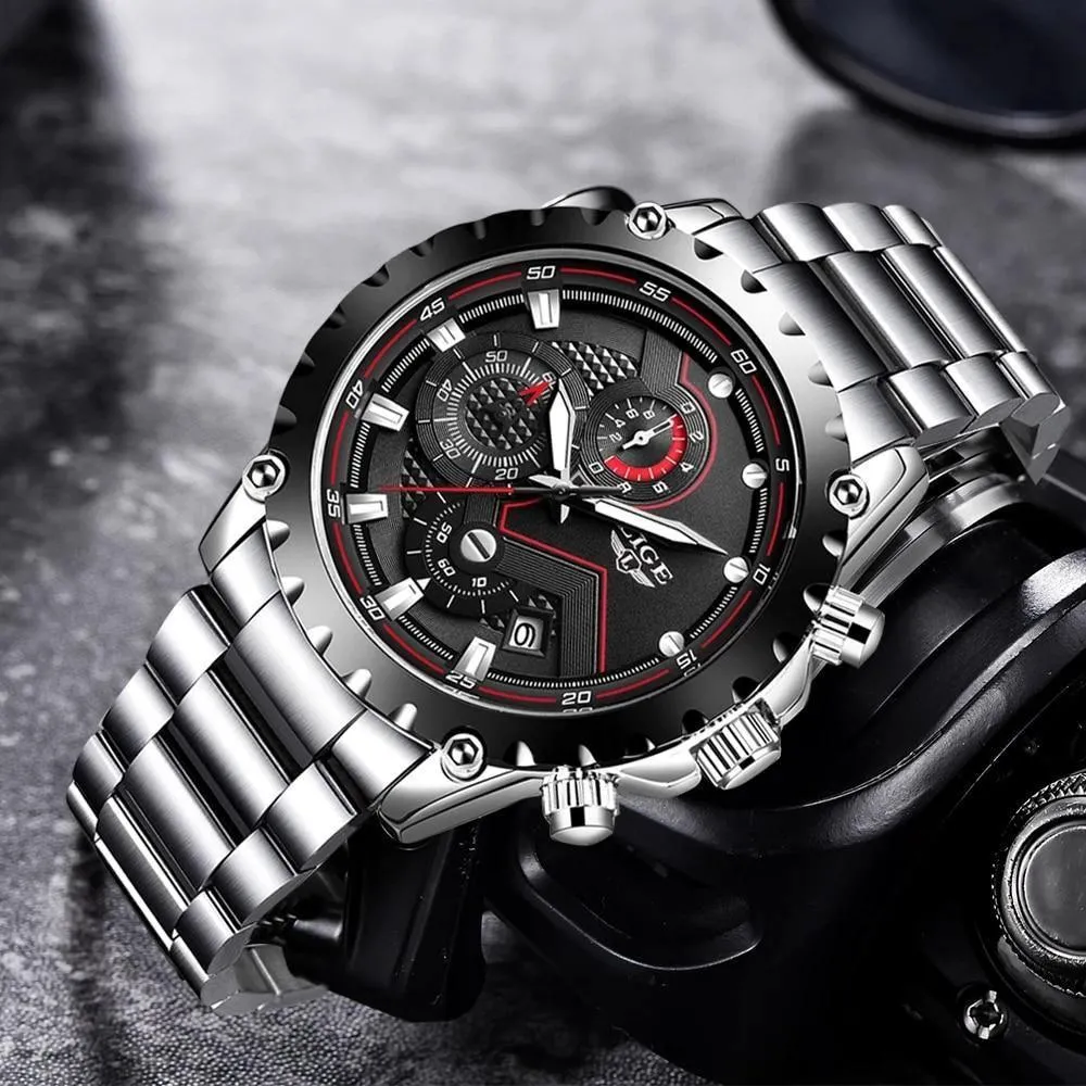 Great Gifts for Men - Top Luxury Brand Silver Stainless Steel 30m Waterproof Quartz Chronograph Watch
