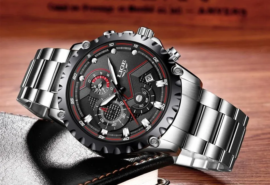 Great Gifts for Men - Top Luxury Brand Silver Stainless Steel 30m Waterproof Quartz Chronograph Watch