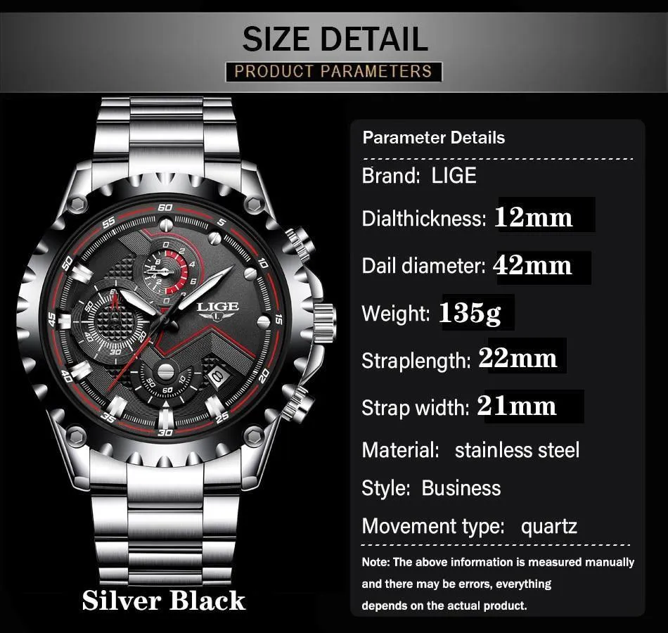 Great Gifts for Men - Top Luxury Brand Silver Stainless Steel 30m Waterproof Quartz Chronograph Watch