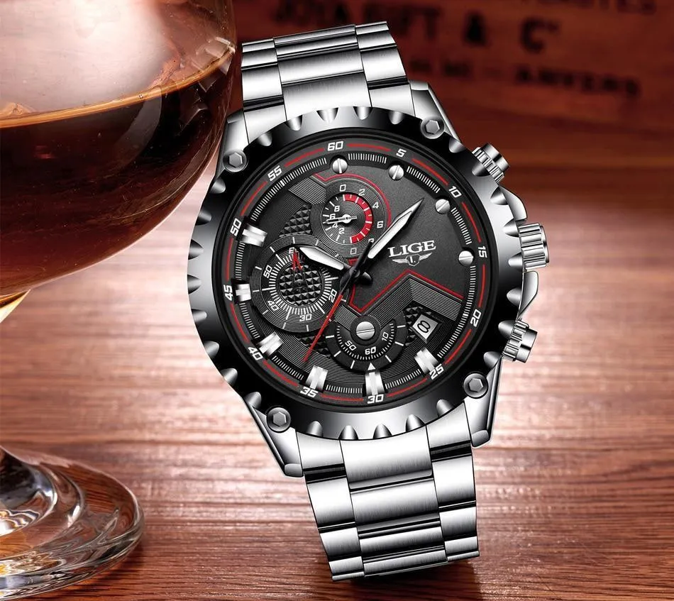 Great Gifts for Men - Top Luxury Brand Silver Stainless Steel 30m Waterproof Quartz Chronograph Watch