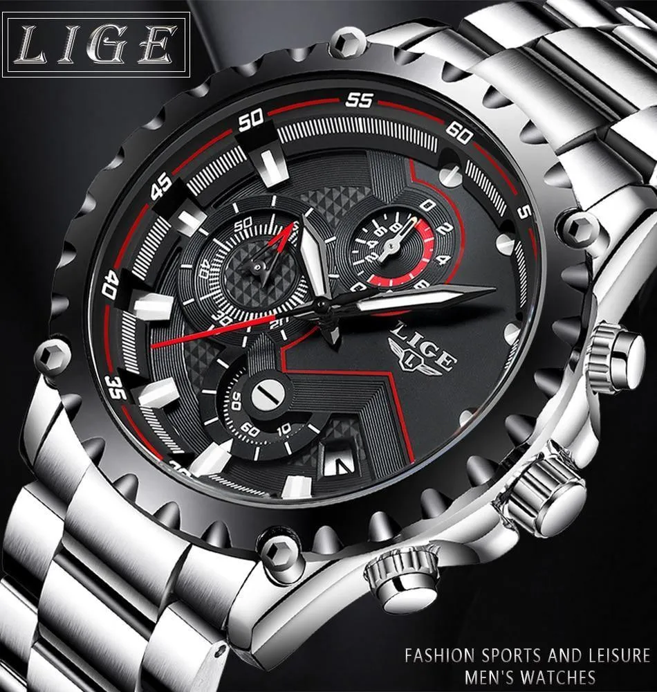 Great Gifts for Men - Top Luxury Brand Silver Stainless Steel 30m Waterproof Quartz Chronograph Watch