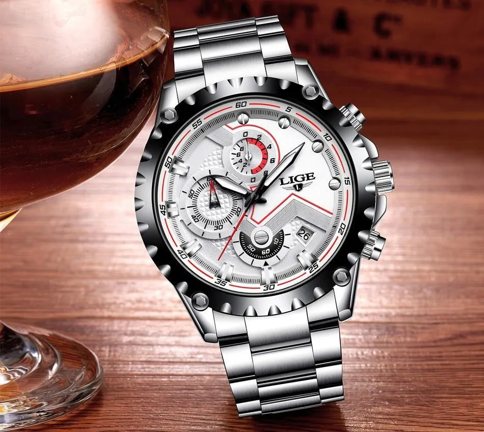 Great Gifts for Men - Top Luxury Brand Silver Stainless Steel 30m Waterproof Quartz Chronograph Watch