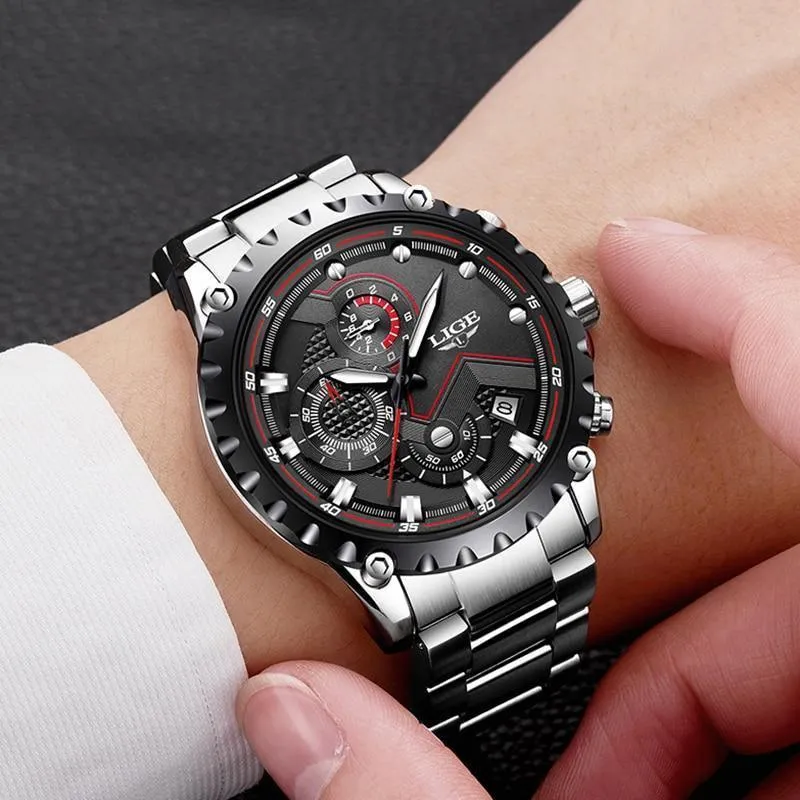 Great Gifts for Men - Top Luxury Brand Silver Stainless Steel 30m Waterproof Quartz Chronograph Watch