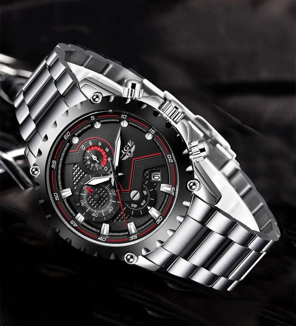 Great Gifts for Men - Top Luxury Brand Silver Stainless Steel 30m Waterproof Quartz Chronograph Watch