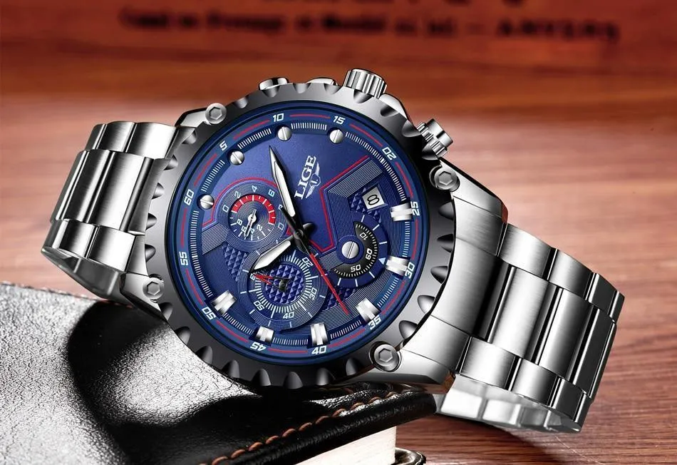 Great Gifts for Men - Top Luxury Brand Silver Stainless Steel 30m Waterproof Quartz Chronograph Watch
