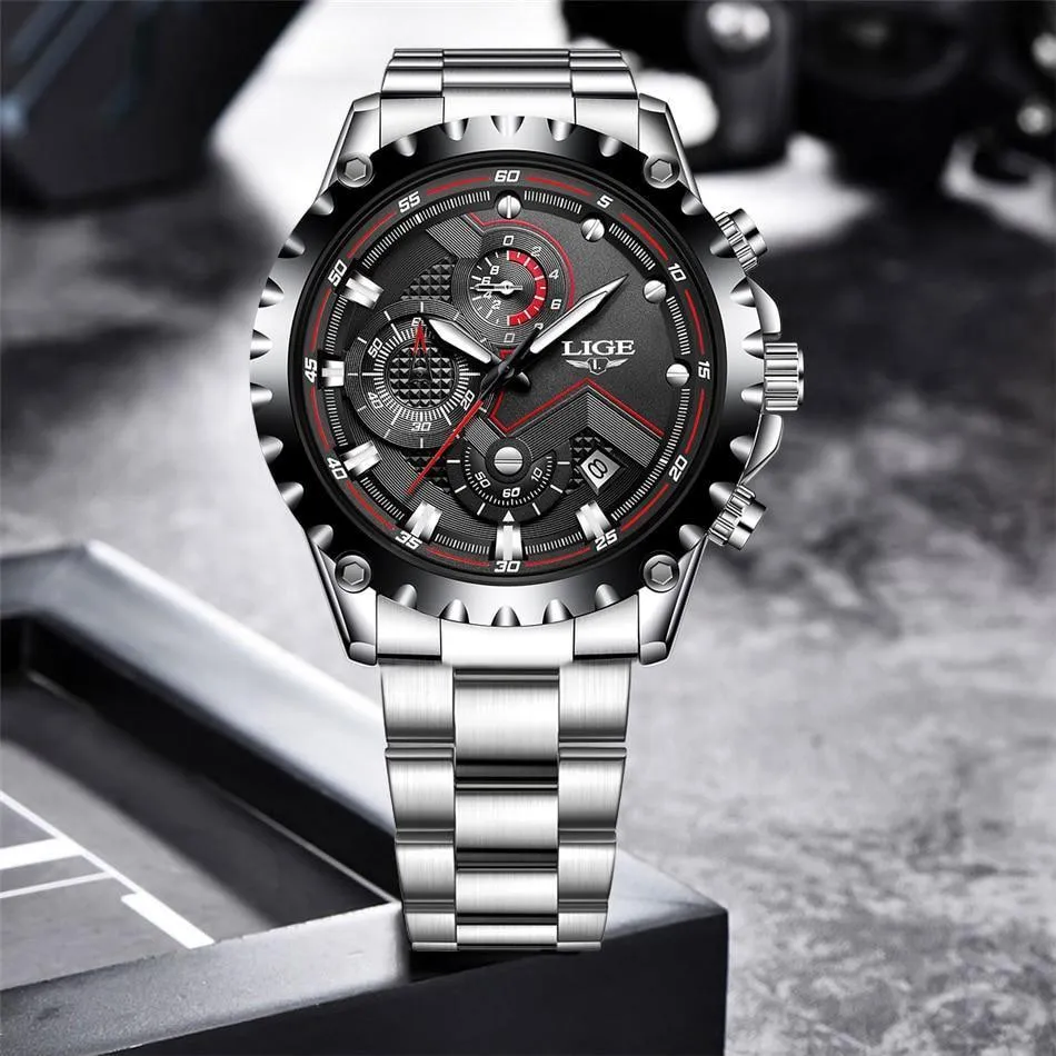 Great Gifts for Men - Top Luxury Brand Silver Stainless Steel 30m Waterproof Quartz Chronograph Watch