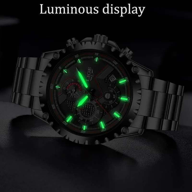 Great Gifts for Men - Top Luxury Brand Silver Stainless Steel 30m Waterproof Quartz Chronograph Watch