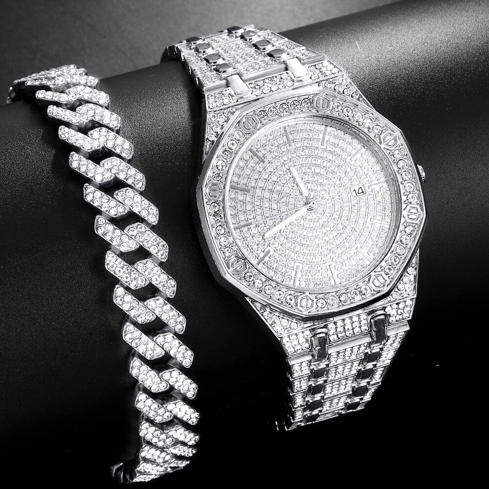 High Quality Rhinestone Paved Watch Bracelet Women Men