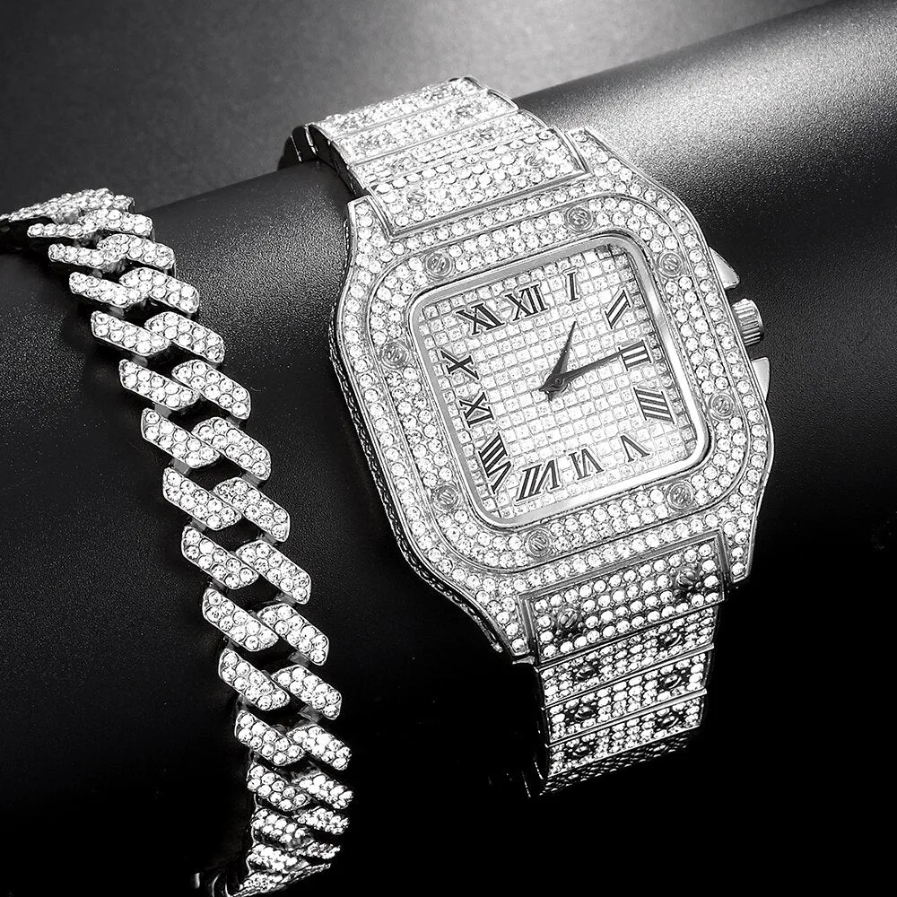 High Quality Rhinestone Paved Watch Bracelet Women Men