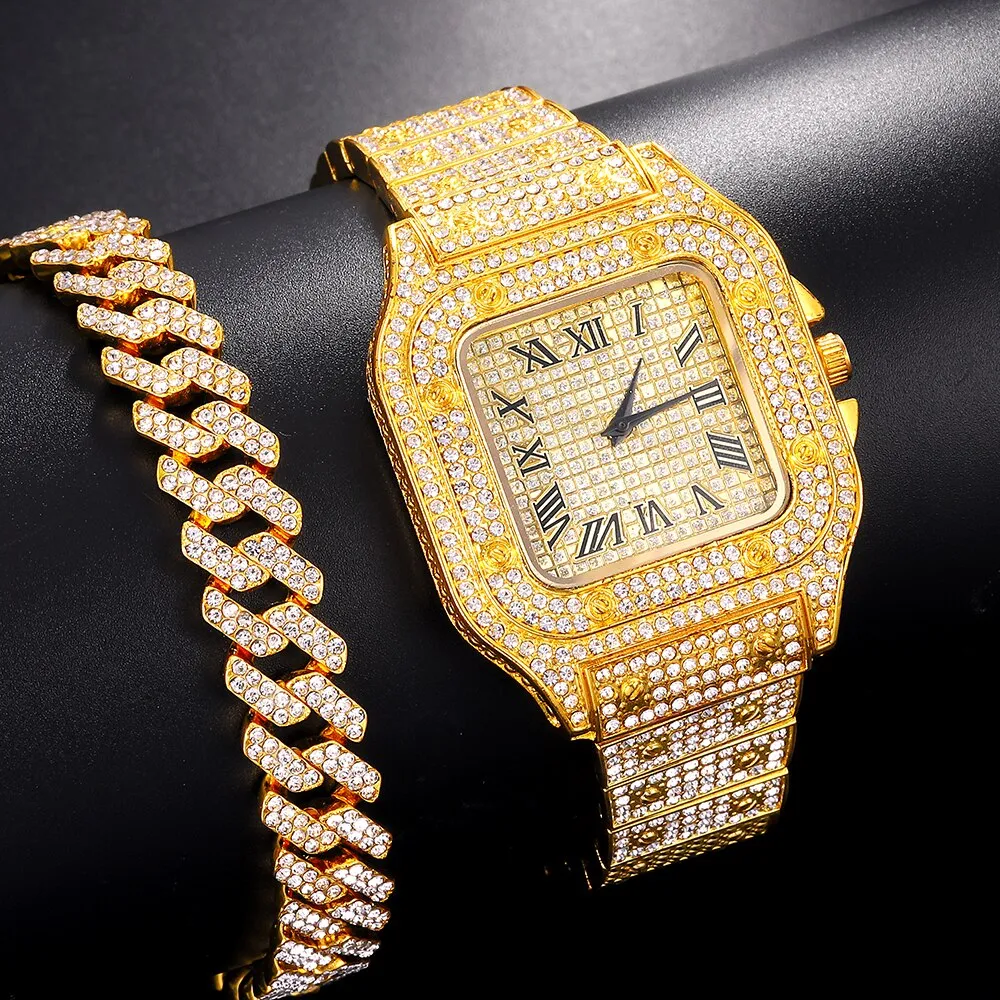 High Quality Rhinestone Paved Watch Bracelet Women Men