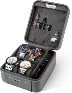 KAMIER Watch Case with Combination Lock - 4 Watch Storage and Jewelry Organizer - Watch Travel Case for Ring and Watch Storage, PU Leather Travel Watch Case, Ideal for Gift (With Gift Box), Grey