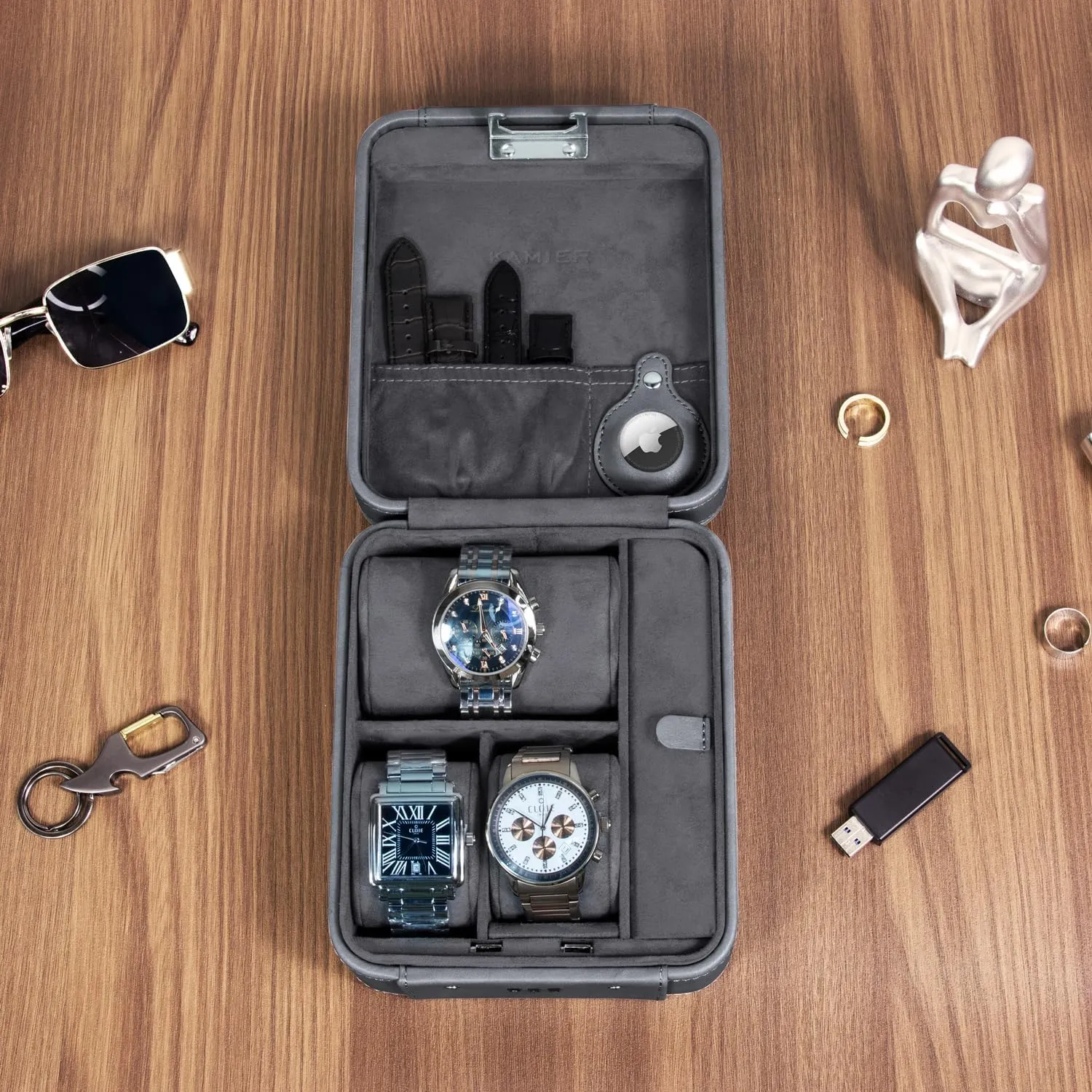 KAMIER Watch Case with Combination Lock - 4 Watch Storage and Jewelry Organizer - Watch Travel Case for Ring and Watch Storage, PU Leather Travel Watch Case, Ideal for Gift (With Gift Box), Grey