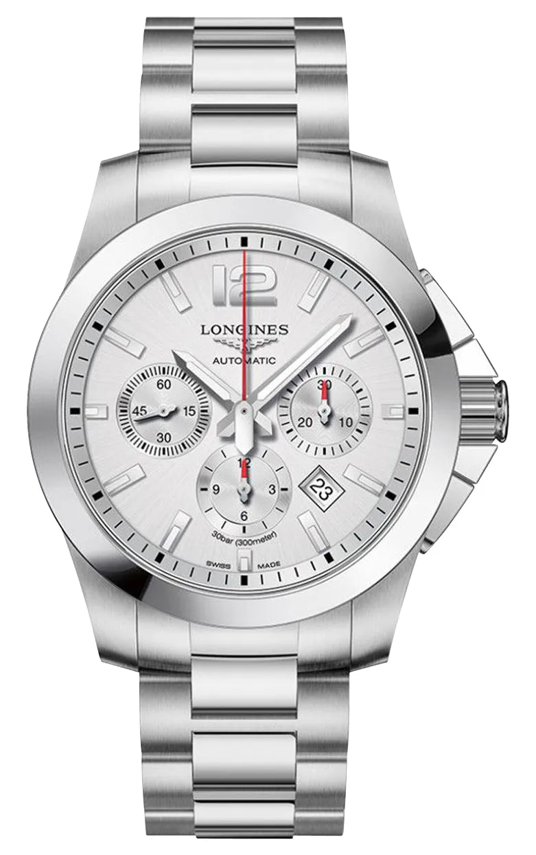 Longines Conquest Automatic Chronograph Stainless Steel Silver Dial Date Divers Mens Watch L3.801.4.76.6