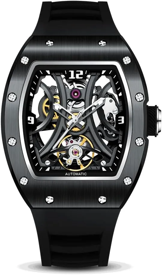 Luxury Automatic Skeleton Watch, Tonneau Sport Style Silicone Band, 42x55mm