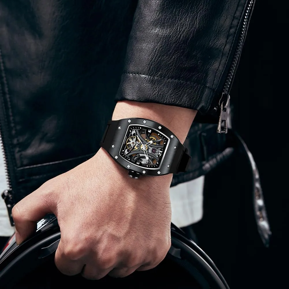 Luxury Automatic Skeleton Watch, Tonneau Sport Style Silicone Band, 42x55mm