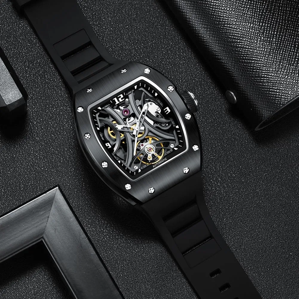 Luxury Automatic Skeleton Watch, Tonneau Sport Style Silicone Band, 42x55mm