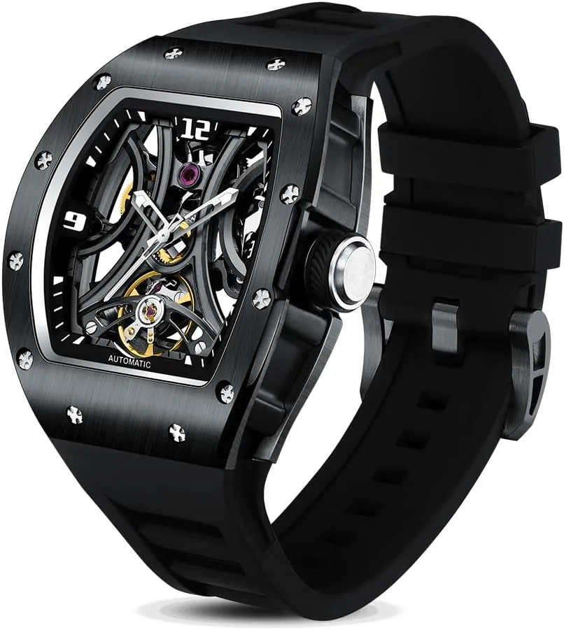 Luxury Automatic Skeleton Watch, Tonneau Sport Style Silicone Band, 42x55mm