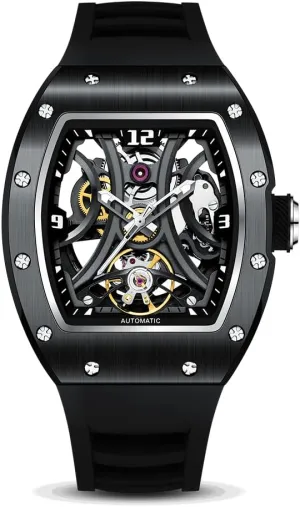 Luxury Automatic Skeleton Watch, Tonneau Sport Style Silicone Band, 42x55mm