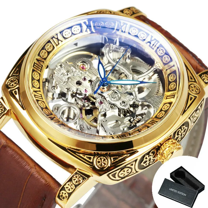 Luxury Vintage Square Skeleton Automatic Mechanical Watch for Men Engraving Case Luminous Hands Genuine Leather Strap