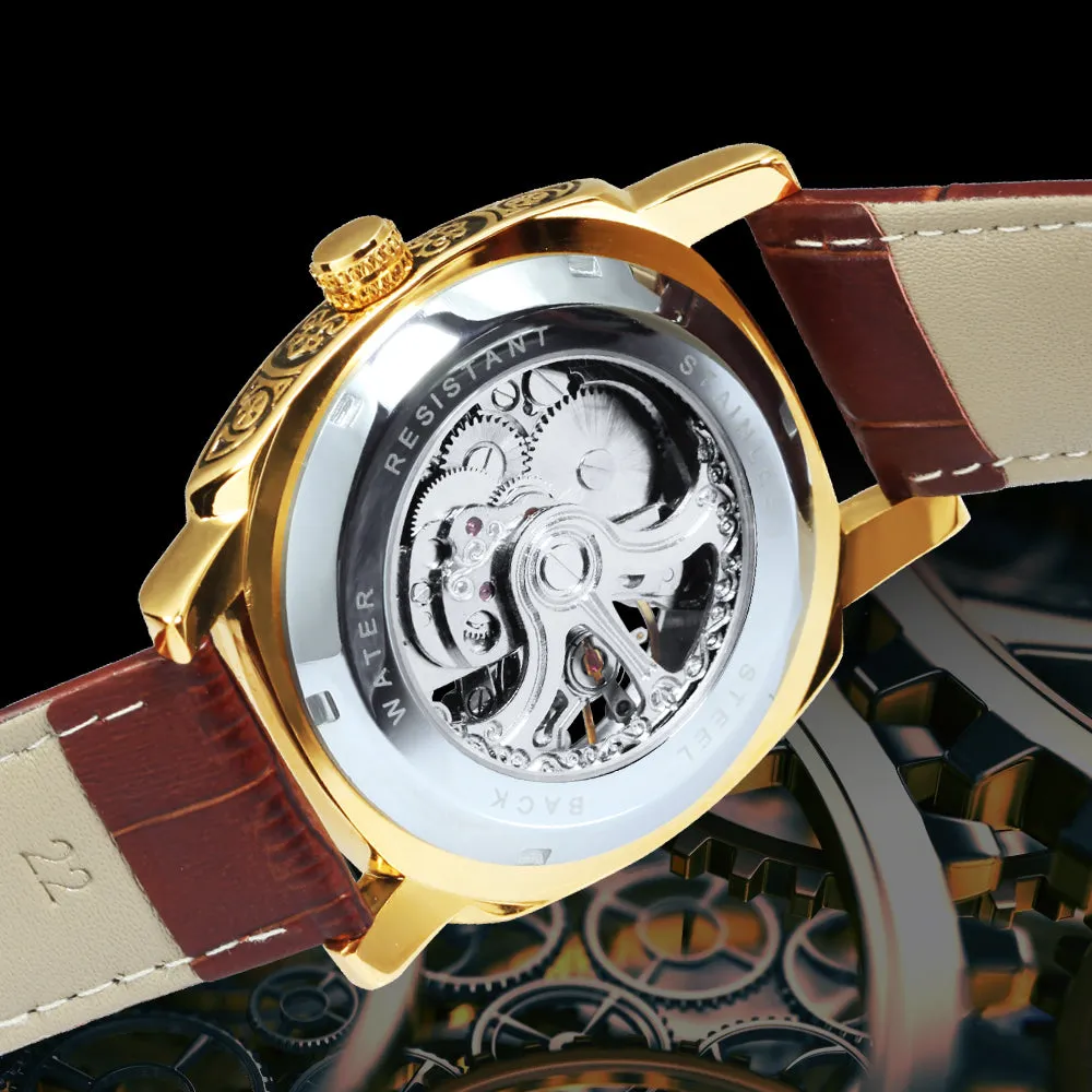 Luxury Vintage Square Skeleton Automatic Mechanical Watch for Men Engraving Case Luminous Hands Genuine Leather Strap