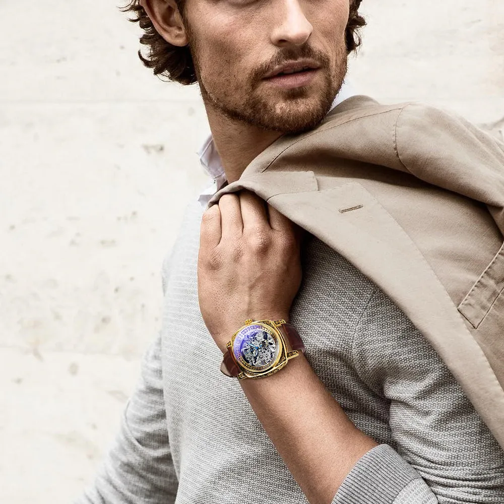 Luxury Vintage Square Skeleton Automatic Mechanical Watch for Men Engraving Case Luminous Hands Genuine Leather Strap