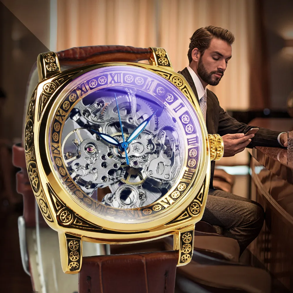 Luxury Vintage Square Skeleton Automatic Mechanical Watch for Men Engraving Case Luminous Hands Genuine Leather Strap