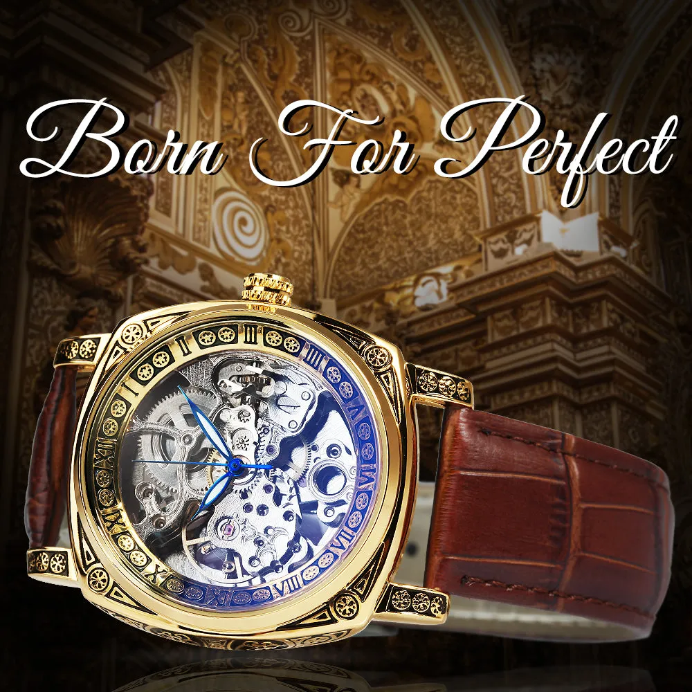 Luxury Vintage Square Skeleton Automatic Mechanical Watch for Men Engraving Case Luminous Hands Genuine Leather Strap