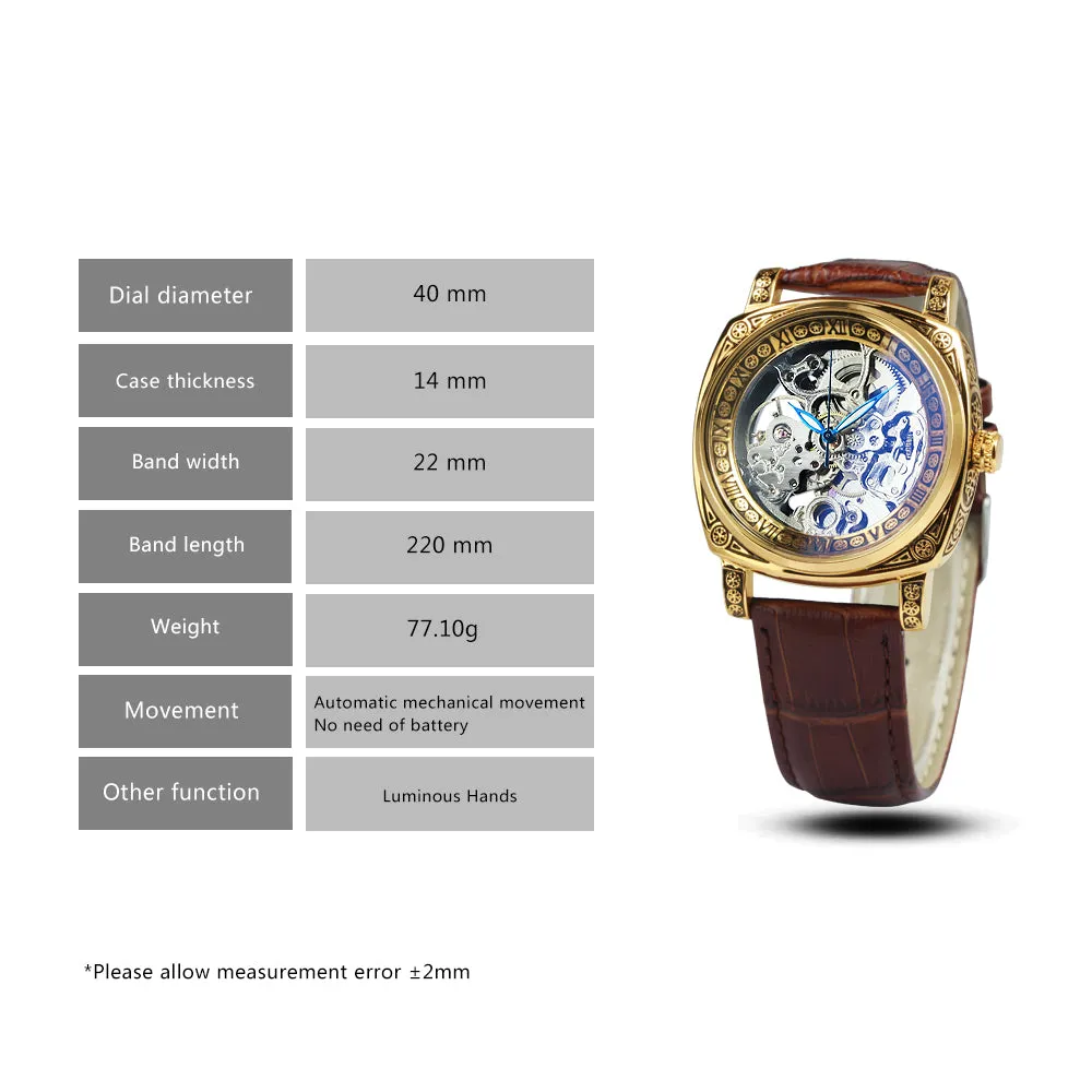 Luxury Vintage Square Skeleton Automatic Mechanical Watch for Men Engraving Case Luminous Hands Genuine Leather Strap