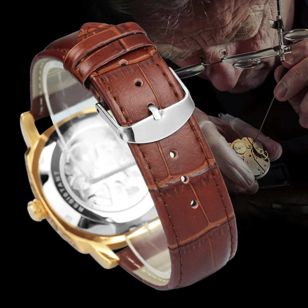 Luxury Vintage Square Skeleton Automatic Mechanical Watch for Men Engraving Case Luminous Hands Genuine Leather Strap