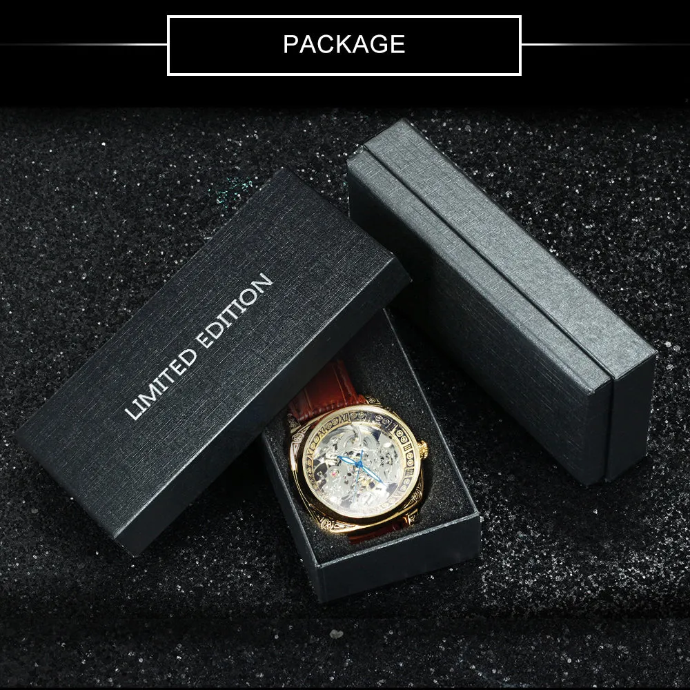 Luxury Vintage Square Skeleton Automatic Mechanical Watch for Men Engraving Case Luminous Hands Genuine Leather Strap
