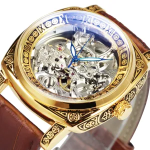 Luxury Vintage Square Skeleton Automatic Mechanical Watch for Men Engraving Case Luminous Hands Genuine Leather Strap
