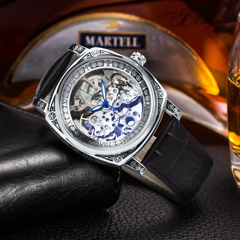 Luxury Vintage Square Skeleton Automatic Mechanical Watch for Men Engraving Case Luminous Hands Genuine Leather Strap